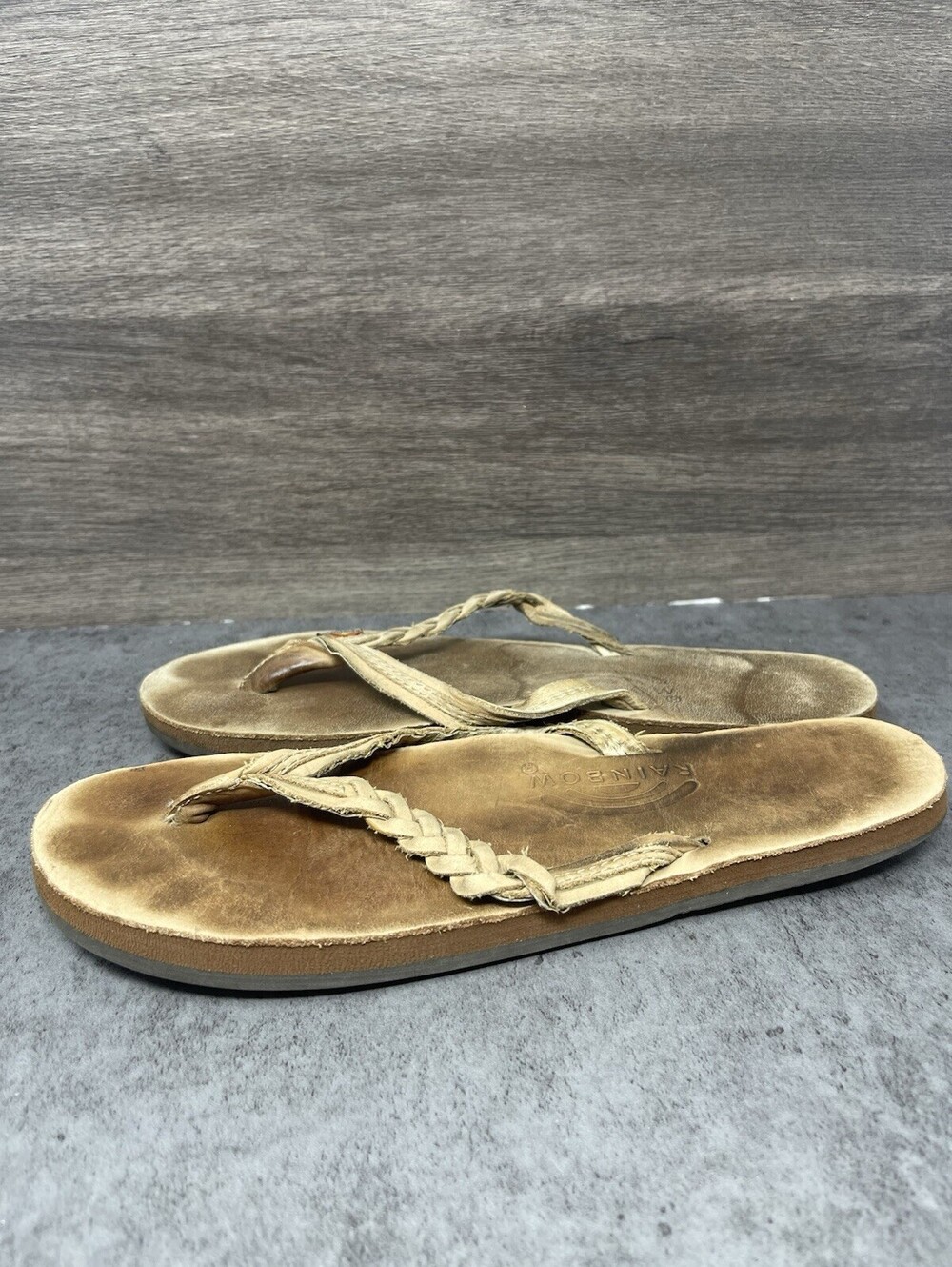 Rainbow Flirty Braidy Flip Flops Womens Size 7.5-8.5 Brown Leather Thong Sandal